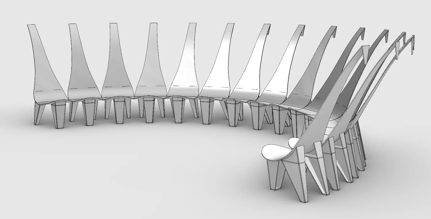 Preliminary CAD visualization of a curved grouping of DÂ-NIYI chairs. This is not the final 28-chair circle.